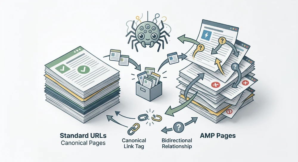 AMP page canonical misconfigurations creating duplicate indexation events