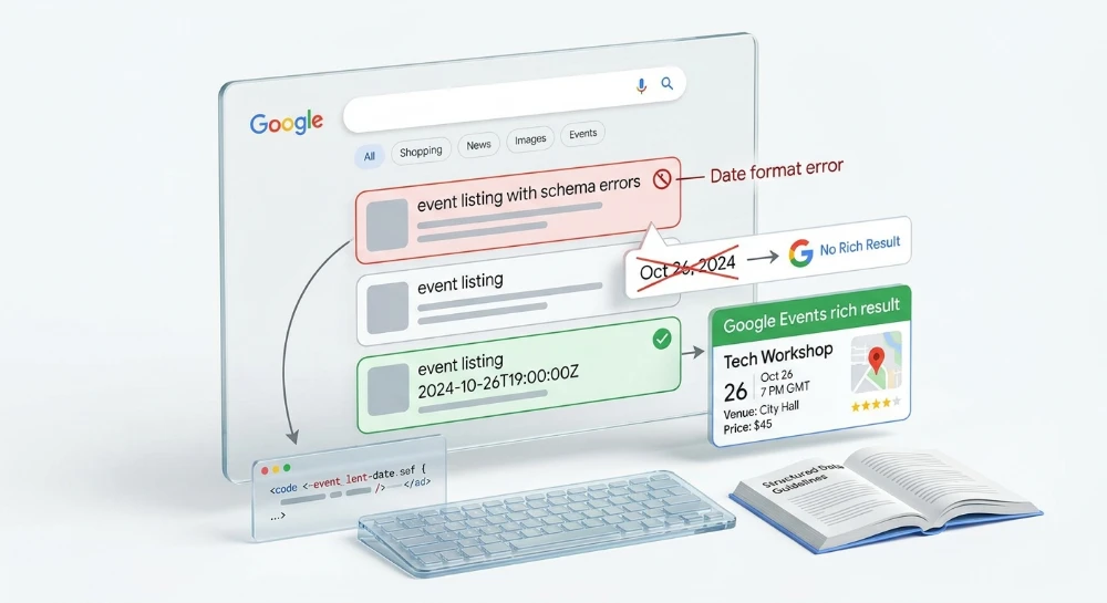 Event schema date format errors preventing Google Events rich result eligibility