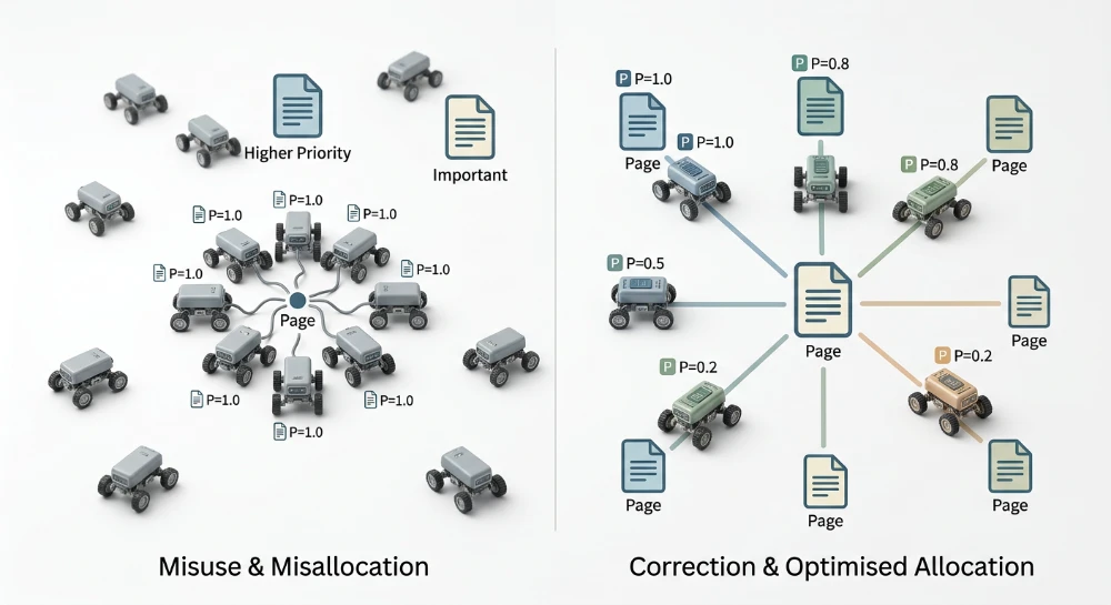 Sitemap priority attribute misuse causing crawl resource misallocation