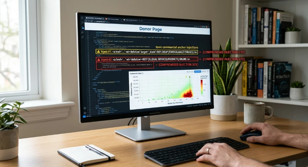 Identifying toxic commercial anchor injections on hacked donor sites