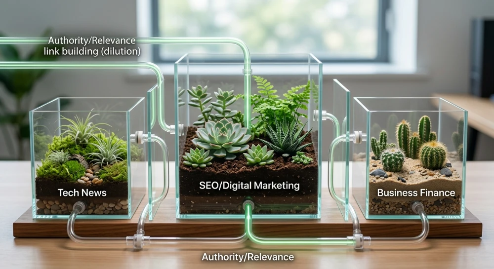 Mitigating topical authority bleeding caused by broad niche link building