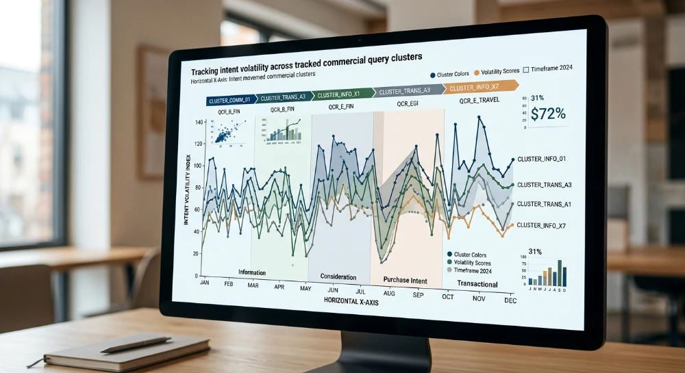Tracking intent volatility across tracked commercial query clusters