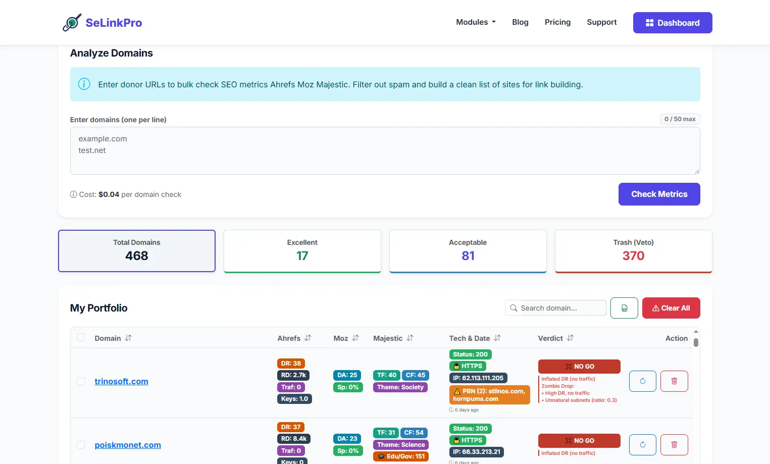 SeLinkPro Analyze Domains